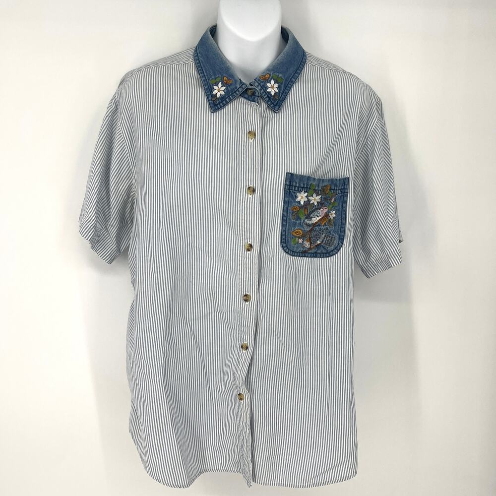 Vintage Cabin Creek Embroidered Pinstripe Denim Button Up Blouse Size Large